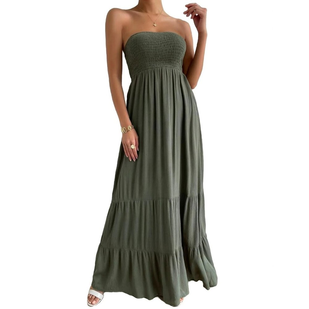 MAKEMECHIC Women’s Smocked Strapless Boho Maxi Dress